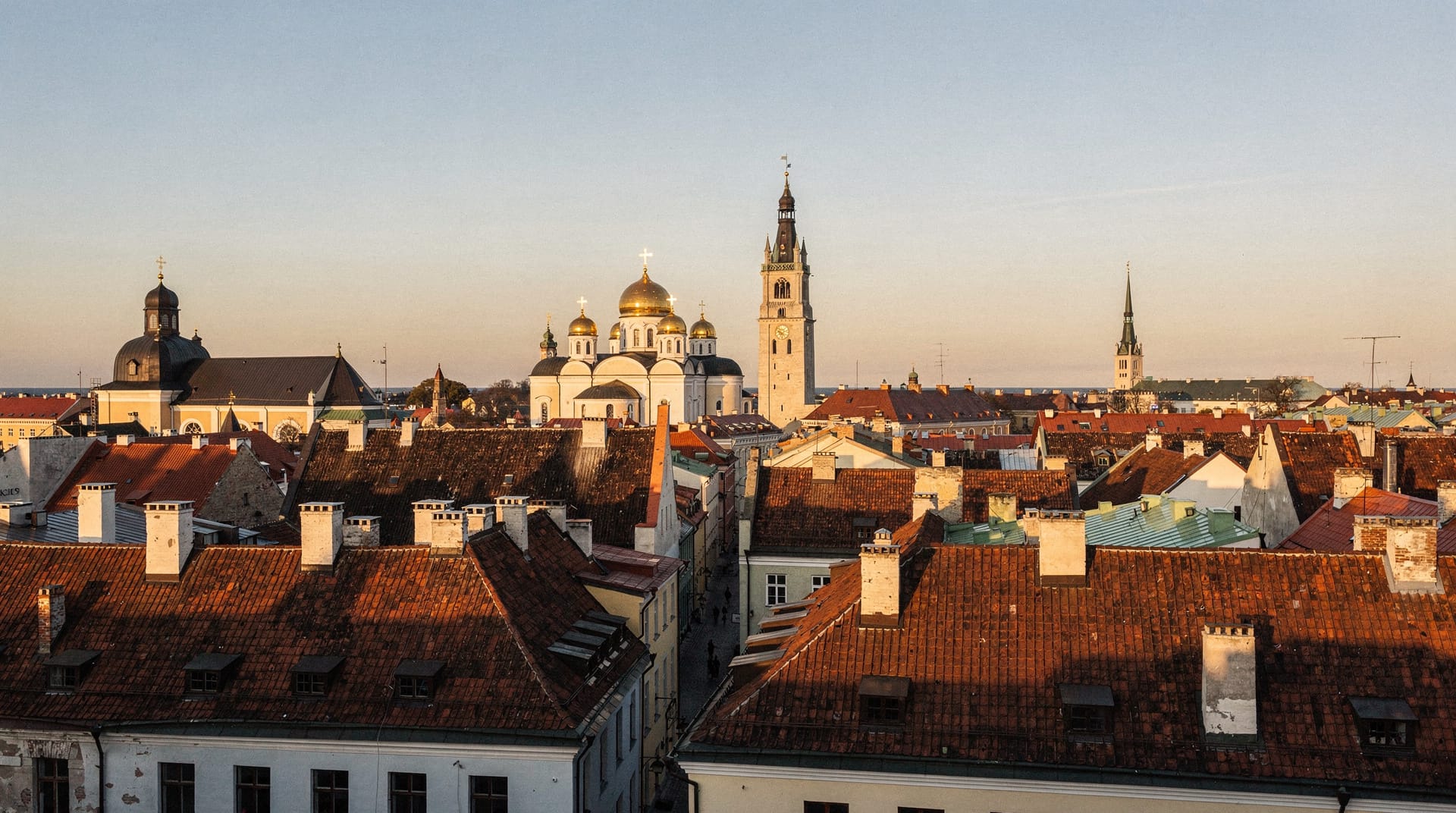 Tallinn Old Town rooftops and spires at sunrise, Estonia